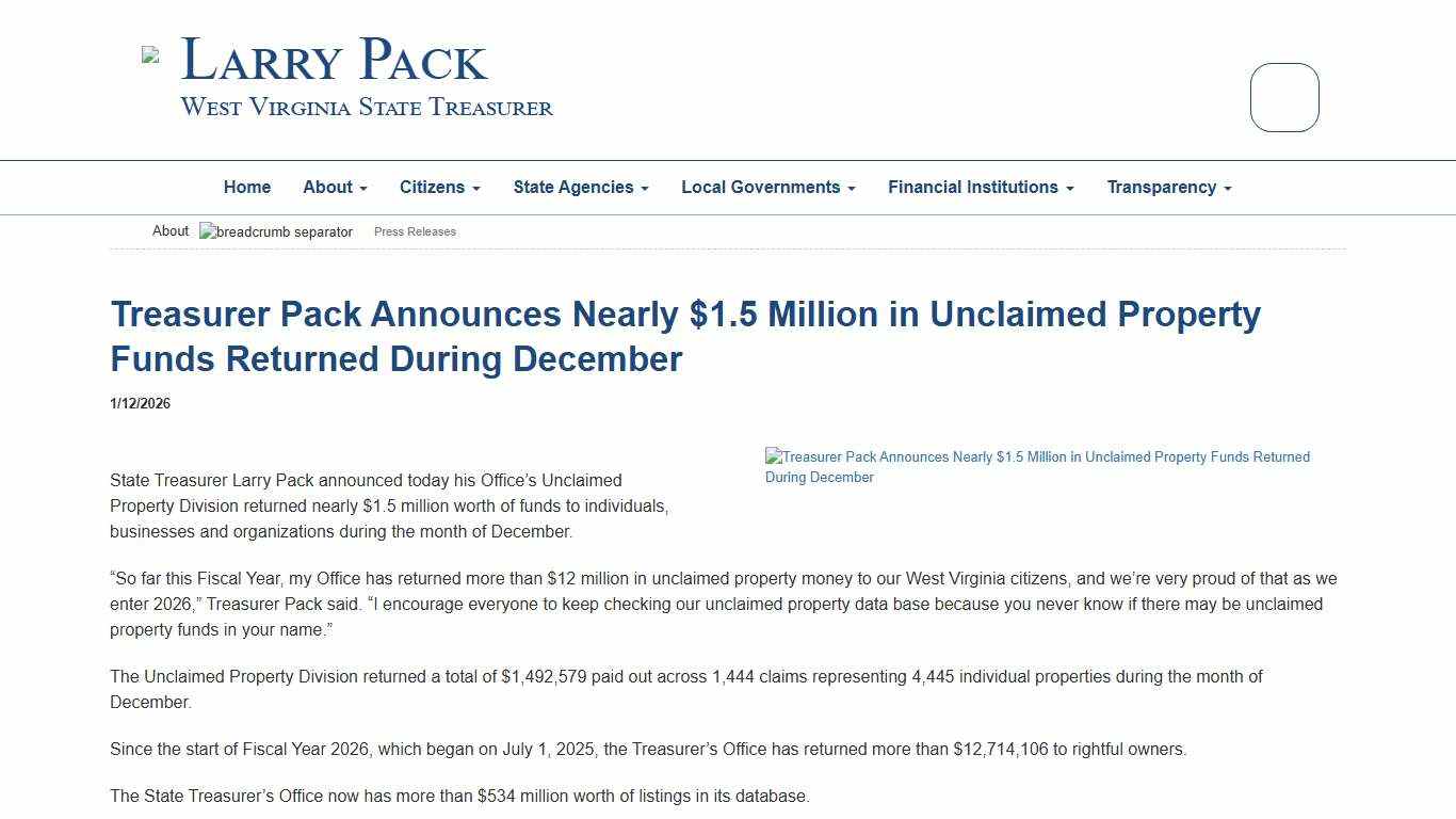 1/12/2026 - Treasurer Pack Announces Nearly $1.5 Million in Unclaimed Property Funds Returned During DecemberPress Releases