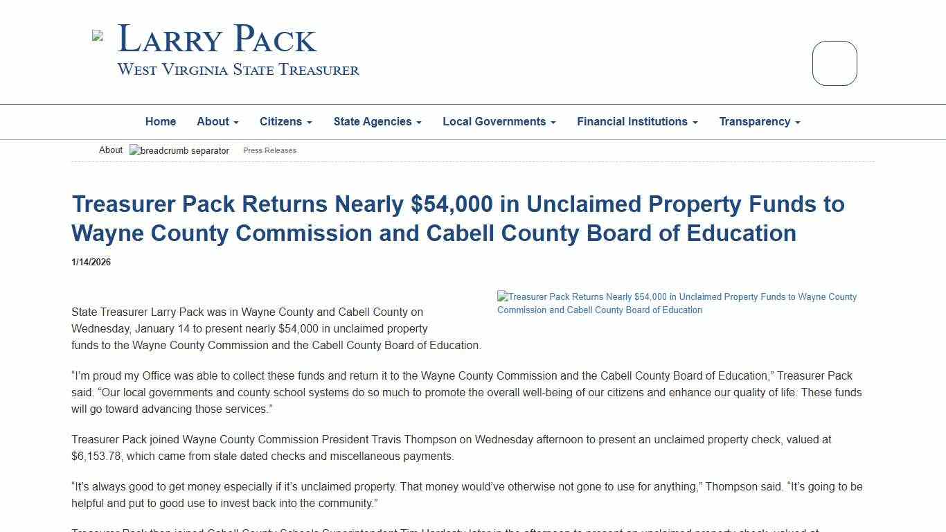 1/14/2026 - Treasurer Pack Returns Nearly $54,000 in Unclaimed Property Funds to Wayne County Commission and Cabell County Board of EducationPress Releases