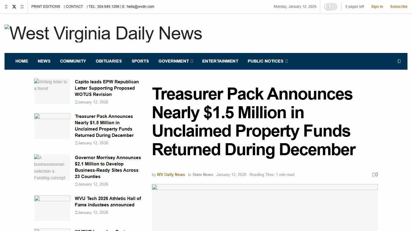 Treasurer Pack Announces Nearly $1.5 Million in Unclaimed Property Funds Returned During December - West Virginia Daily News