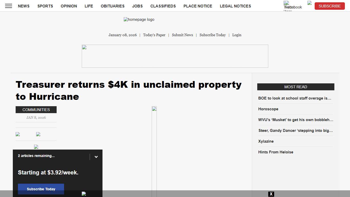 Treasurer returns $4K in unclaimed property to Hurricane News, Sports, Jobs - The Intermountain